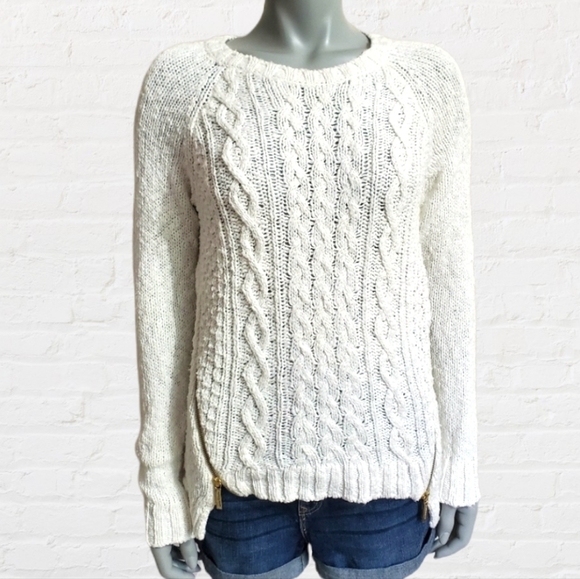 MICHAEL Michael Kors Sweaters - Michael Michael Kors Cream Cable Knit Crewneck Sweater with Zippers Size S